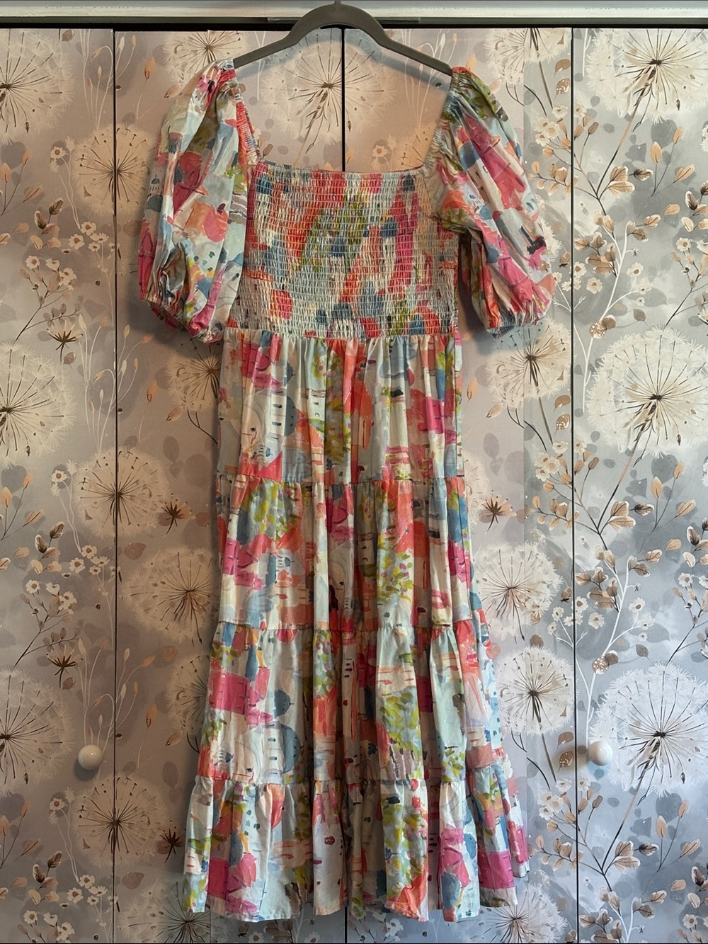 Pinch Smocked Puff-Sleeve Maxi Dress in Multicolor